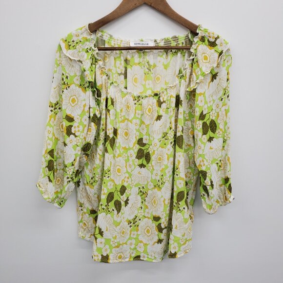 Boho Floral Crinkle Blouse Ruffle Neck Lime Green Top L Cottagecore Peasant - Picture 4 of 16